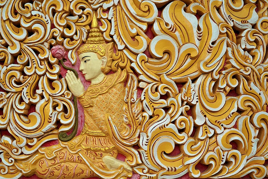 vzor, umění, ornament, textura, styl, květinový, zlatý, Pozadí, formulář, starověk, tradičně, chrám, antický, Buddha, retro, umělecky, ruční, krása, žena, Bůh, götting, kultura, penang, malajsie, Asie, cestovat, prázdnin, prázdniny, květ, rostlina, Příroda, žlutá, barva, letní, malování, hobby, tvořivý, řezba, zeď, dívka, péče, dar, hlava, tvář, ruka, šperky, odpočinek, rozjímání, relaxace, zotavení, lázně, festival, oslava, náboženství, umění a řemesla, celý rám, nikdo, detail, řemeslo, uvnitř, tvořivost, design, zlaté barvy, zastoupení, vyšperkovaný, řezbářství - řemeslný výrobek, květinový vzor, přímo nad, stálý život, pokušení, 5K