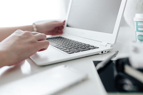 workplace, laptop, table, home, interior, minimal, minimalist, minimalism, room, white, office, workspace, tech, computer, technology, work, scandi, scandinavian, indoors, white laptop, home office, wireless technology, connection, communication, business, desk, computer equipment, furniture, computer keyboard, hand, keyboard, working, typing, adult, human hand, human body part, selective focus, using laptop, computer monitor, using computer, finger, 4K