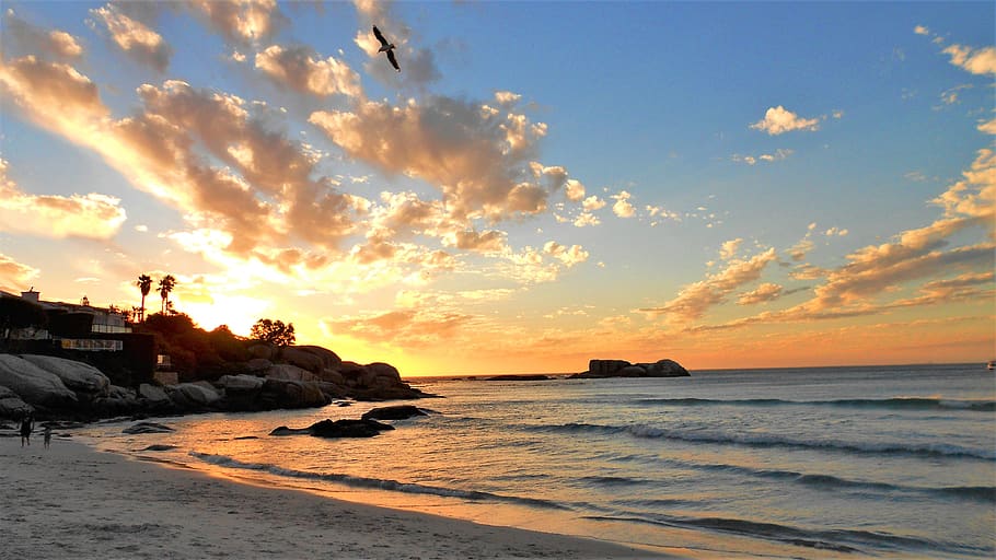 posta de sol, núvols, clifton, brach, Ciutat del cap, capa, playa, atardecer, paisatge, naturalesa, cel, relaxa't, festa, vista, oceà, onades, mar, fred, aigua, platja, terra, núvol - cel, bellesa a la natura, escenics - natura, color taronja, horitzó sobre l’aigua, horitzó, tranquil·litat, persones incidentals, escena tranquil·la, rock, idíl·lic, estructura construïda, a l'aire lliure, 4K