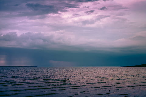 thunder, storm, sky, cloud, cloudy, water, sea, river, purple, pink, land, cloud - sky, beauty in nature, scenics - nature, horizon over water, horizon, tranquility, tranquil scene, no people, nature, sunset, idyllic, dusk, outdoors, dramatic sky, day, ominous, 4K, CC0, public domain, royalty free