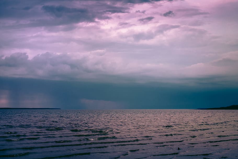 thunder, storm, sky, cloud, cloudy, water, sea, river, purple, pink, land, cloud - sky, beauty in nature, scenics - nature, horizon over water, horizon, tranquility, tranquil scene, no people, nature, sunset, idyllic, dusk, outdoors, dramatic sky, day, ominous, 4K