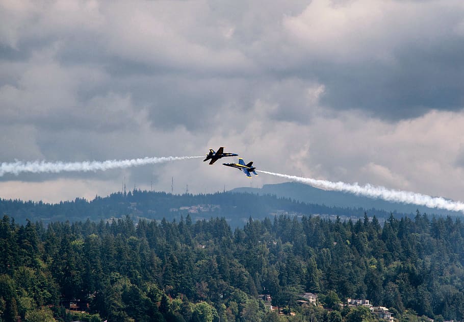 二, 飛行機, フライト, Lake Washingtonton, アメリカ, グレー, グライダー, 交通手段, 航空機, 冒険, レジャー活動, 滑走, 飛行, 木, 雲 - 空, 空, 工場, 煙 - 物理的な構造, 移動して, 山, 森林, 自然, モーション, 無人, 中空, 航空ショー, ローアングルビュー, 日, 屋外, チームワーク, 蒸気トレイル, 4K