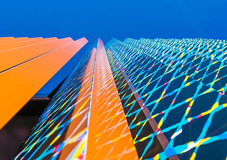 faţadă, proiecta, textură, matematic, , albastru, arhitectură, oraș, exteriorul clădirii de birouri, modern, construită, cer, multi colorate, exteriorul clădirii, nici o persoana, clădire, zgârie-nori, vedere unghiulară joasă, natură, Afaceri, abstract, futurist, birou, culoare portocalie, finanţa, compozit digital, 4K, CC0, domeniu public, fără drepturi de autor