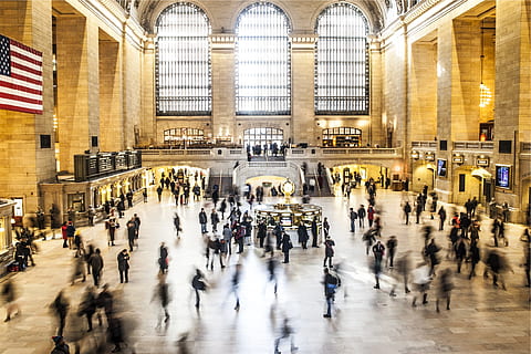 Grand central station, New York, NYC, people, crowd, architecture, USA, flag, transportation, blurred motion, group of people, large group of people, motion, travel, real people, city, travel destinations, built structure, tourism, city life, men, commuter, walking, urgency, women, station, outdoors, arch, modern, 1080P