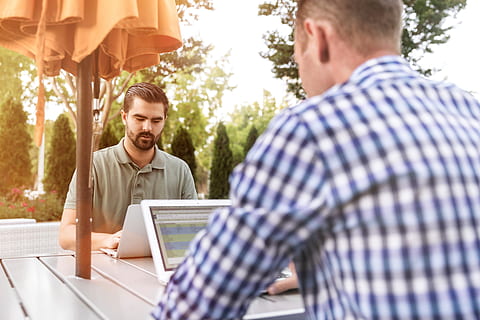 man, outside, working, laptop, tablet, techonology, business, headphones, desk, office, people, woman, window, male, garden, park, men, wireless technology, communication, computer, young adult, young men, technology, adult, males, table, using laptop, sitting, two people, business person, businessman, connection, 5K, CC0, public domain, royalty free
