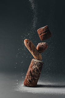 breads and powder, indoors, studio shot, food and drink, still life, no people, baked, close-up, food, freshness, brown, bread, table, cookie, ready-to-eat, indulgence, copy space, sweet food, two objects, wellbeing, black background, temptation, french food, snack, 5K, CC0, public domain, royalty free