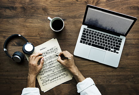 person, writing, musical, notes, macbook, cup, coffee, black, white, headphones, table, background, beverage, compose, composer, composition, connection, daily, desk, device, digital, document, drink, flatlay, hands, indoors, internet, keyboard, label, laptop, media, music, musician, notebook, office, passion, people, record, routine, sheet, song, technology, wireless, wooden table, work, working, workspace, communication, wireless technology, computer, real people, human hand, one person, wood - material, hand, high angle view, food and drink, refreshment, coffee - drink, coffee cup, mug, using laptop, 4K, CC0, public domain, royalty free
