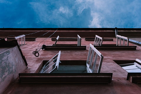 open windows , building, low angle shot, perspective, windows, architecture, built structure, building exterior, sky, staircase, no people, cloud - sky, railing, day, nature, low angle view, outdoors, window, roof, water, steps and staircases, wood - material, absence, empty, 4K, CC0, public domain, royalty free