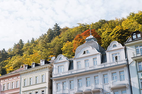 tall, hotels, traditional, buildings, sunny, street, karlovy, vary, building exterior, architecture, tree, plant, autumn, built structure, building, no people, nature, sky, window, day, residential district, change, house, low angle view, travel destinations, outdoors, place of worship, religion, luxury, 4K