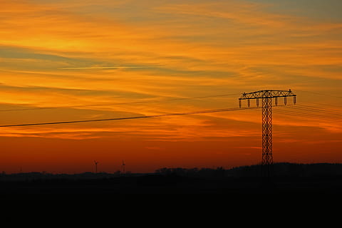 sunset, strommast, current, energy, electricity, sky, power line, landscape, abendstimmung, dusk, evening sky, power lines, evening, high voltage, twilight, line, upper lines, technology, reinforce, orange color, silhouette, cloud - sky, beauty in nature, scenics - nature, electricity pylon, no people, nature, fuel and power generation, tranquil scene, tranquility, environment, non-urban scene, connection, idyllic, land, outdoors, power supply, romantic sky, 5K, CC0, public domain, royalty free