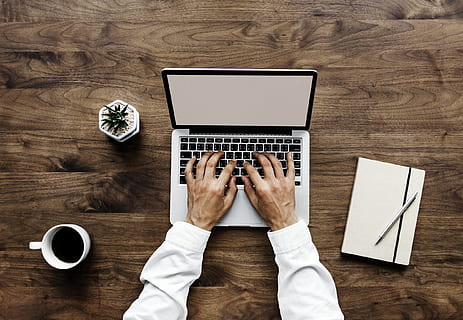 browsing, coffee, communication, computer, connection, copy space, daily, design space, device, diary, digital, flat lay, flatlay, hand, hobby, home, internet, journal, keyboard, laptop, leisure, lifestyle, media, network, technology, table, wireless technology, one person, indoors, wood - material, men, human body part, adult, directly above, coffee cup, using laptop, drink, cup, high angle view, typing, 1080P, CC0, public domain, royalty free