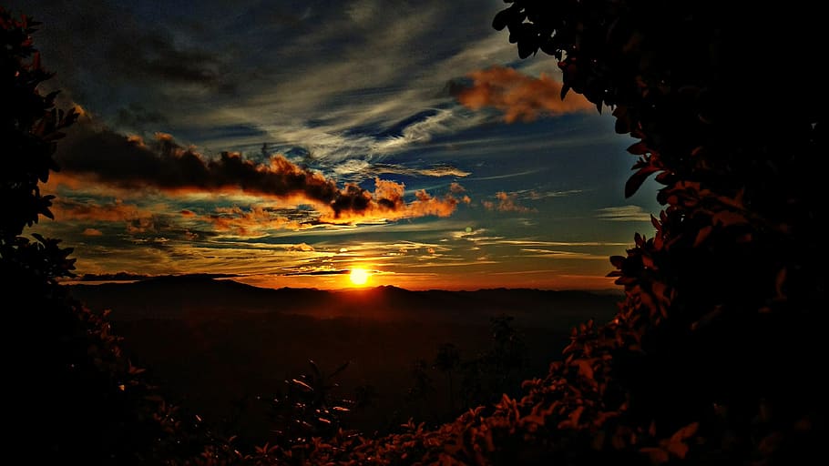 silhuet foto, solnedgang, baggrundsbelyst, daggry, skumring, lys, natur, udendørs, silhuet, himmel, sol, solopgang, sky - himmel, skønhed i naturen, ro, scenics - natur, rolig scene, orange farve, plante, træ, ingen mennesker, dramatisk himmel, sollys, idyllisk, miljø, 2K