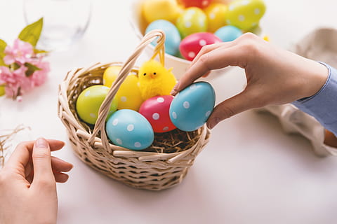 happy, easter!, young, woman, giving, painted, eggs, basket, multi colored, holding, easter, container, hand, easter egg, one person, egg, human hand, childhood, food, celebration, human body part, food and drink, child, indoors, offspring, focus on foreground, 5K