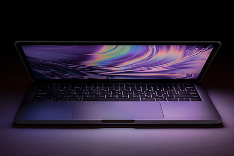 apple, macbook, macbookpro, computer, notebook, technology, mac, wireless technology, laptop, communication, connection, computer equipment, purple, indoors, keyboard, studio shot, no people, computer keyboard, computer monitor, internet, computer network, illuminated, night, black background, using laptop, global communications, 5K, CC0, public domain, royalty free