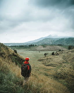 landskabsfoto, mand, over, Brun, bjerg, rygsæk, backpacker, dagslys, miljø, grøn, vandretur, landskab, bjerge, natur, person, naturskøn, træer, have på, rigtige mennesker, en person, himmel, sky - himmel, scenics - natur, skønhed i naturen, bagfra, Mark, ikke-urbane scene, plante, fritidsaktivitet, dag, rolig scene, jord, livsstil, herrer, bjergkæde, udendørs, 4K, CC0, offentligt domæne, royaltyfrie