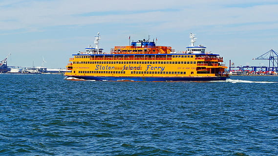 state island ferry, makes, 5 mile, crossing, lower, manhattan, st., george terminal, staten island, 25 minutes, minutes., provides, one, best, views, statue, liberty, ellis island, ..., free., new york city harbor, staten island ferry, nyc harbor, clouds, water, harbor view, blue sky, cloud-sky, water pictures, waves, tourism, island, crane, transportation, sea, nautical vessel, mode of transportation, sky, ship, nature, waterfront, architecture, no people, freight transportation, shipping, built structure, day, business, cargo container, outdoors, harbor, passenger craft, cruise ship, 2K