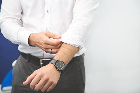 businessman rolls, sleeve photo, Fashion, Businessman, hand, human hand, midsection, human body part, one person, watch, adult, indoors, standing, casual clothing, front view, wristwatch, holding, business, time, young adult, white color, men, young men, wrist, rolled-up sleeves, 4K