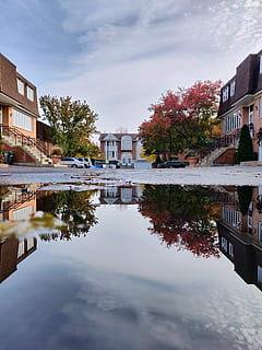 coches cerca de casas, arquitectura, charco, reflexión, calle, exterior del edificio, agua, estructura construida, frente al mar, edificio, cielo, nube - cielo, naturaleza, día, árbol, ciudad, nadie, planta, casa, al aire libre, lago, Distrito residencial, 4K, CC0, dominio público, libre de derechos