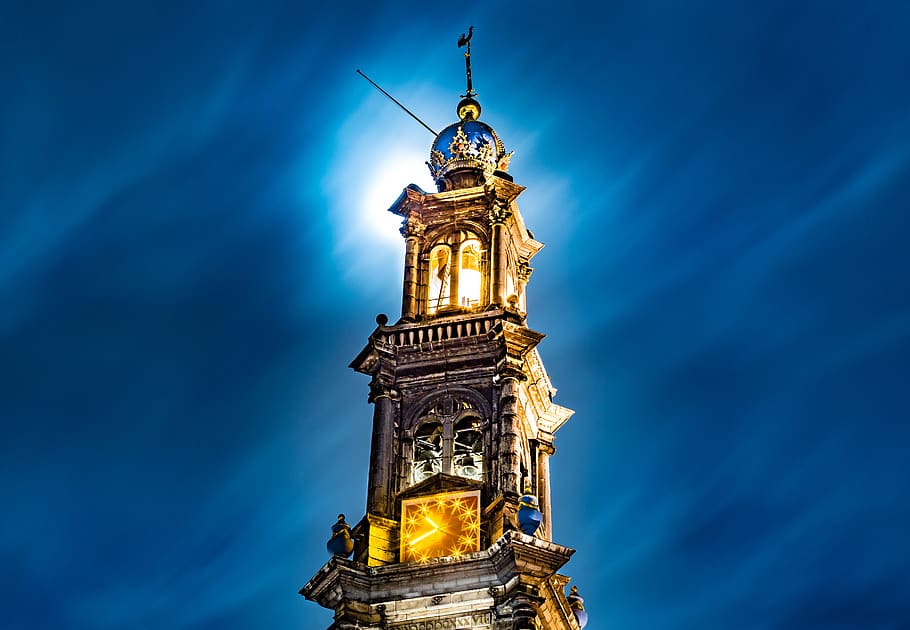 amsterdam, Països Baixos, westerkerk, reialesa, timbre, longexposició, ciutat, vell, torre, centre, color, blau, or, corona, tradició, Església, història, arquitectura, vista d’angle baix, estructura construïda, cel, exterior de l'edifici, edifici, cap gent, il·luminat, naturalesa, rellotge, Torre del Rellotge, temps, destinacions de viatge, religió, el passat, creença, dia, fletxa, 5K