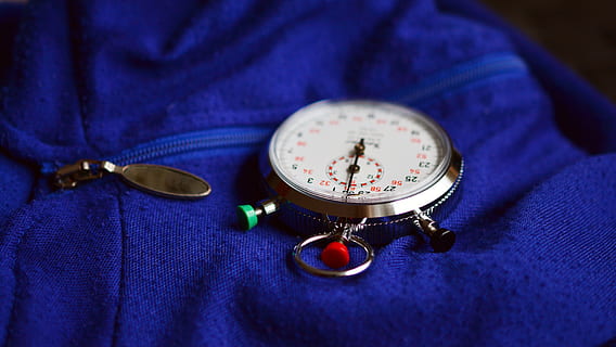 stopwatch, time, stop time, clock, time indicating, time measurement, second, take time, timekeeper, sport, measure, performance, textile, blue, close-up, indoors, watch, purple, pocket, no people, pocket watch, fashion, accuracy, selective focus, clothing, casual clothing, jeans, 5K, CC0, public domain, royalty free