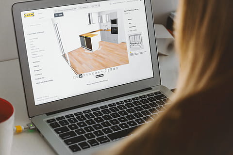 woman, uses, 3d, planning software, new, kitchen, laptop, home, computer, technology, wireless technology, communication, connection, adult, women, using laptop, rear view, internet, computer network, working, over the shoulder view, computer equipment, one person, table, computer keyboard, indoors, keyboard, typing, design professional, 4K, CC0, public domain, royalty free