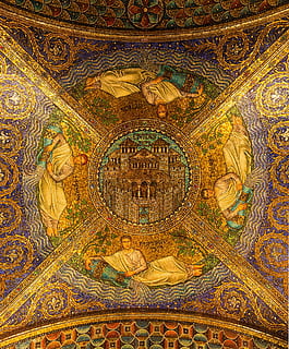 mosaic, ceiling, pattern, design, architecture, construction, art and craft, indoors, creativity, no people, religion, mural, built structure, decoration, multi colored, backgrounds, full frame, craft, belief, building, fresco, the past, ornate, floral pattern, 1080P, CC0, public domain, royalty free