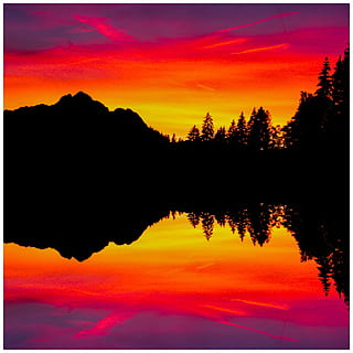 solnedgang, sol, bjerg, træ, spejl, silhuet, himmel, afspejling, orange farve, skønhed i naturen, vand, sø, ro, automatisk postproduktionsfilter, scenics - natur, rolig scene, overfør print, sky - himmel, natur, plante, symmetri, havnefronten, ingen mennesker, romantisk himmel, 2K, CC0, offentligt domæne, royaltyfrie