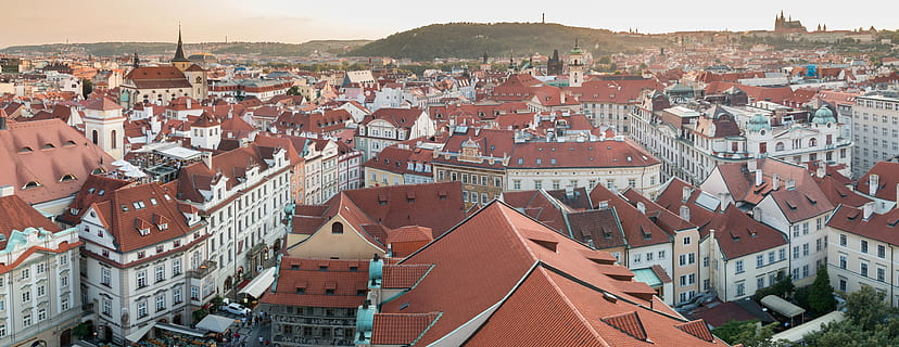 panorama, city, prague, czech republic, architecture, building exterior, roof, built structure, building, residential district, cityscape, town, high angle view, travel, street, house, panoramic, nature, travel destinations, sky, no people, outdoors, townscape, 4K, CC0, public domain, royalty free