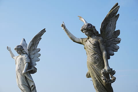 zwei Engelsstatuen, Skulptur, Statue, Kunst und Handwerk, klarer Himmel, Darstellung, menschliche Darstellung, Himmel, keine Leute, Natur, Flachwinkelansicht, Tag, Kreativität, Engel, männliche Ähnlichkeit, Kunst, Religion, weibliche Ähnlichkeit, die Architektur, Spiritualität, 5K, CC0, gemeinfrei, lizenzfrei
