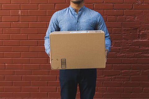 man, holding, red, brick photo, Business, Products, Mens Fashion, Professional, Shipping, Box, standing, brick wall, wall, brick, one person, front view, wall - building feature, casual clothing, architecture, three quarter length, men, built structure, cardboard, real people, males, day, jeans, 4K, CC0, public domain, royalty free