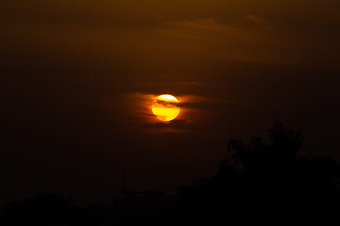 zonsondergang, natuur, buitenshuis, zonlicht, rode lucht, hemel, dageraad, schemer, Indië, zon, gandhinagar, zonsopkomst, cloudscape, zonnestorm, wolken, verstopt in wolken, gouden zonsondergang, weer, silhouet, gloed, schoonheid in de natuur, scenics - natuur, Oranje kleur, kalmte, boom, geen mensen, rustige scène, idyllisch, fabriek, wolk - lucht, maan, donker, ruimte, astronomie, verduistering, maanlicht, planetaire maan, 5K, CC0, publiek domein, royaltyvrij