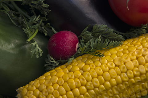 blat de moro, pebre, rave, verdures, menjar, natural, fresc, saludable, orgànic, menjar i beguda, alimentació saludable, vegetals, benestar, frescor, fruita, natura morta, groc, cap gent, a l'interior, primer pla, aliments crus, blat de moro a la panotxa, elecció, multicolor, blat de moro dolç, variació, menjar vegetarià, 4K, CC0, domini públic, lliure de regalies