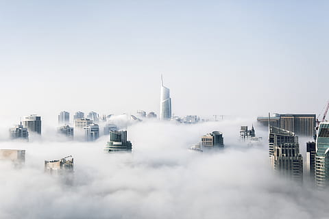 building, structure, sky, infrastructure, window, tower, establishment, white, hotel, city, urban, architecture, fog, glass, roof, building exterior, built structure, tall - high, smoke - physical structure, clear sky, skyscraper, no people, nature, office building exterior, day, industry, pollution, copy space, cityscape, outdoors, air pollution, modern, smog, 5K, CC0, public domain, royalty free