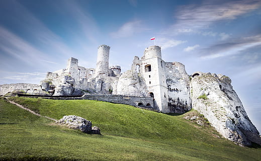 hrad, architektura, budova, tráva, kopec, historický, mezník, Polsko, ruiny, kámen, Dějiny, minulost, nebe, stavba, destinace, starověké, Příroda, stará zřícenina, exteriér budovy, cestovat, rostlina, den, mrak - nebe, cestovní ruch, starý, přistát, nikdo, venku, starověké civilizace, zničil, archeologie, opatství, 4K, CC0, veřejná doména, bez autorských práv