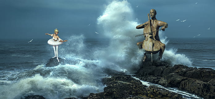 fantasi, surf, danser, ballet, cello, spray, hav, komponere, fotomontage, klippe, vand, ocean, musik, surrealistisk, dramatisk, lys, strand, sten, natur, pige, ballerina, instrument, skulptur, stormfuld, bevægelse, skønhed i naturen, bølge, rock-objekt, sprøjt, solid, himmel, magt i naturen, mennesker, scenics - natur, udendørs, vandfald, strøm, fuld længde, digital komposit, 5K, CC0, offentligt domæne, royaltyfrie