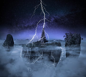 thunder, night, lightning, storm, thunderstorm, dark, sky, clouds, power, energy, dramatic, landscape, magic, water, nature, star - space, beauty in nature, reflection, waterfront, digital composite, sea, illuminated, no people, scenics - nature, space, galaxy, rock - object, built structure, long exposure, solid, astronomy, power in nature, 4K, CC0, public domain, royalty free