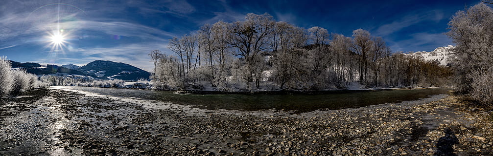 panorâmica, natureza, ao ar livre, cenário, panorama, gelo, neve, árvore, plantar, estrada, rio, região selvagem, inverno, agua, terra, chão, vegetação, cascalho, estrada de terra, Estiria, montanha, céu, scenics - natureza, meio Ambiente, temperatura fria, beleza na natureza, nuvem - céu, floresta, Pinheiro, ninguém, cadeia de montanhas, floresta de pinheiros, árvore conífera, Pico da montanha, montanha coberta de neve, 8K, CC0, domínio público, royalty free
