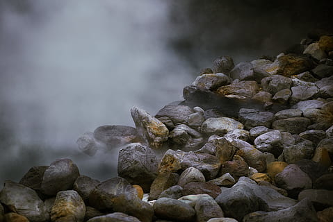 rocks, hot spring, rock, solid, rock - object, no people, beauty in nature, water, nature, tranquility, day, sea, fog, land, scenics - nature, outdoors, tranquil scene, non-urban scene, stone, geology, pebble, 5K, CC0, public domain, royalty free
