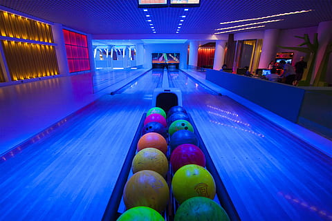bowling alley, various, bowling, architecture, indoors, illuminated, multi colored, blue, human body part, built structure, human leg, lighting equipment, transportation, one person, lifestyles, in a row, night, nightlife, body part, sport, building, seat, 4K, CC0, public domain, royalty free