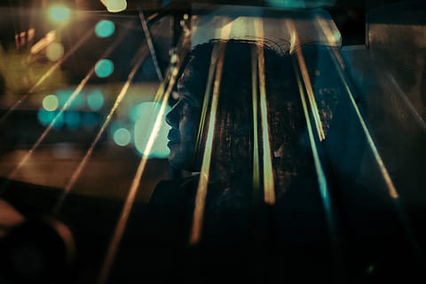 doubleexposure, light, music, musical instrument, arts culture and entertainment, string instrument, musical equipment, guitar, string, selective focus, close-up, musical instrument string, indoors, playing, light - natural phenomenon, no people, reflection, illuminated, focus on foreground, acoustic guitar, fretboard, performance, nightlife, 5K, CC0, public domain, royalty free