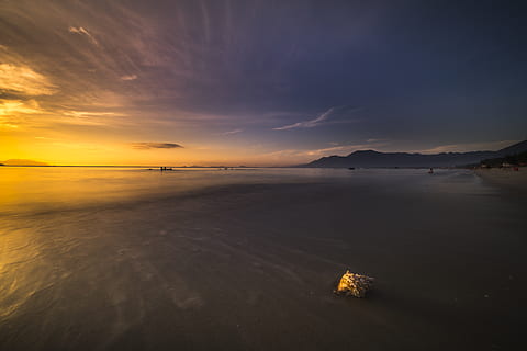 landscape photography, seashore, golden, hour, beach, clouds, cloudscape, dusk, landscape, nature, ocean, reflections, sand, scenic, sea, sea shell, seascape, shore, sky, sunset, water, waves, scenics - nature, cloud - sky, beauty in nature, tranquility, tranquil scene, land, no people, waterfront, idyllic, non-urban scene, orange color, horizon over water, horizon, outdoors, bay, 5K, CC0, public domain, royalty free