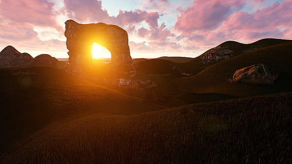 solnedgang, daggry, panoramisk, landskab, skumring, lys, håber, starten, ende, ny, Start, Født, fødsel, skyer, aften, sollys, udendørs, natur, himmel, hav, farverig, naturskøn, rød, lilla, orange, ned, op, præstation, tro, rolige, harmoni, slap af, meditation, berolige, ro, forhåbning, falme, skæbne, baggrund, 3d, gengive, linseflare, skønhed i naturen, solstråle, bjerg, scenics - natur, miljø, sol, sky - himmel, jord, idyllisk, arkitektur, klippe, rolig scene, baggrundsbelyst, bjergkæde, ingen mennesker, 4K, CC0, offentligt domæne, royaltyfrie