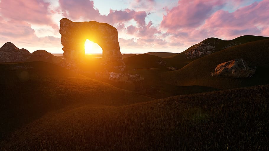 solnedgang, daggry, panoramisk, landskab, skumring, lys, håber, starten, ende, ny, Start, Født, fødsel, skyer, aften, sollys, udendørs, natur, himmel, hav, farverig, naturskøn, rød, lilla, orange, ned, op, præstation, tro, rolige, harmoni, slap af, meditation, berolige, ro, forhåbning, falme, skæbne, baggrund, 3d, gengive, linseflare, skønhed i naturen, solstråle, bjerg, scenics - natur, miljø, sol, sky - himmel, jord, idyllisk, arkitektur, klippe, rolig scene, baggrundsbelyst, bjergkæde, ingen mennesker, 4K