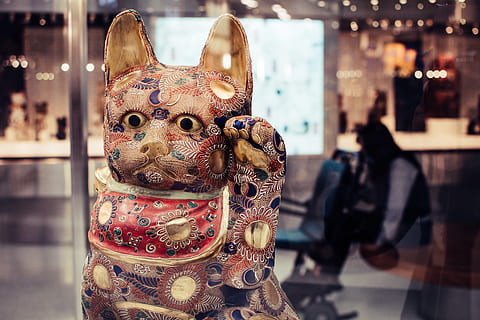 superficiale, fotografia a fuoco, statuetta maneki-neko, gatto, città, commercio, design, esposizione, Festival, lusso, mercato, ristorante, San Francisco, souvenir, azione, giocattolo, viaggio, animale, concentrarsi sulle conoscenze acquisite, rappresentazione animale, mammifero, rappresentazione, temi animali, animali domestici, domestico, nessuno, un animale, avvicinamento, in casa, vetro - materiale, canino, cane, giorno, finestra, divertimento, esposizione al dettaglio, piccolo, testa di animale, 5K, CC0, dominio pubblico, privo di copyright