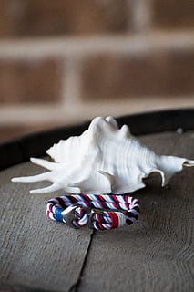 armbånd, anker, skal, symbol, smykker, tæt på, indendørs, stilleben, bord, ingen mennesker, træ - materiale, selektiv fokusering, høj vinkel visning, fokus på forgrunden, Kunst og håndværk, kreativitet, hvid farve, håndværk, mode, fest, mad og drikke, dekoration, sødt mad, blå, 5K, CC0, offentligt domæne, royaltyfrie