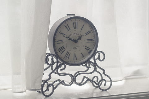 clock, time, decor, white, curtains, indoors, minute hand, no people, instrument of time, wall - building feature, number, close-up, clock face, single object, accuracy, hour hand, wall clock, clock hand, home interior, roman, roman numeral, shape, floral pattern, 4K
