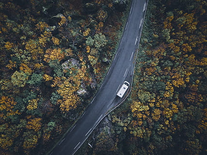 aèria, fotografia, carretera, durant el dia, arbre, bosc, furgoneta, vehicle, cotxe, fosc, vista del drone, tardor, caure, viatjar, explorar, wanderlust, vagar, paisatge, desert, naturalesa, aventura, viatge de carretera, vanlife, transport, trànsit, a l'aire lliure, vista aèria, carrer, autopista de carrils múltiples, velocitat, vista d’angle alt, escenics, mode de transport, cap gent, groc, vermell, pont - estructura feta per l'home, a dalt, fons, 4K, CC0, domini públic, lliure de regalies