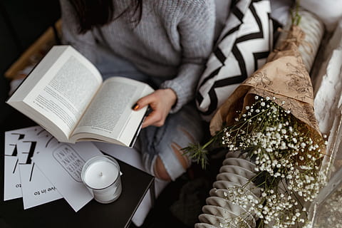 woman, sweater, reads, book, reading, reader, opened book, girl, female, lifestyle, relax, time, candle, pullover, jumper, adult, midsection, one person, indoors, publication, flower, women, paper, plant, human hand, human body part, sitting, relaxation, flowering plant, furniture, holding, hand, high angle view, 2K