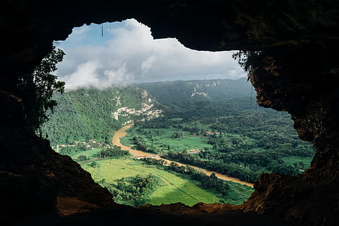 cave, view, river, valley, out of, stream, water, nature, rock, landscape, craggy, hole, window, cavern, shelter, vegetation, green, beauty in nature, scenics - nature, mountain, tranquility, cloud - sky, tranquil scene, sky, tree, day, land, environment, non-urban scene, plant, rock - object, no people, solid, outdoors, mountain range, 5K, CC0, public domain, royalty free