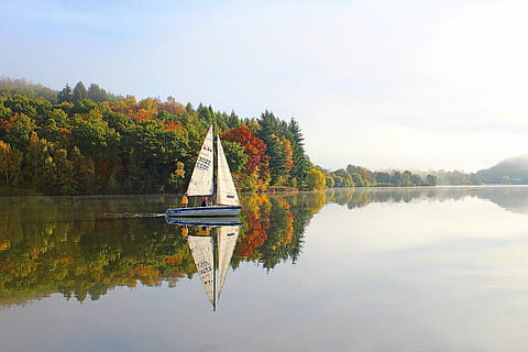 acque, lago, fiume, riflessione, natura, cielo, paesaggio, panoramico, autunno, barca a vela, Bostalsee, Saarland, calma mattutina, recupero, turismo, vele bianche, Germania, acqua, albero, pianta, la tranquillità, bellezza nella natura, lungomare, scenics - natura, scena tranquilla, giorno, nessuno, scena non urbana, nave nautica, all'aperto, modificare, 5K, CC0, dominio pubblico, privo di copyright